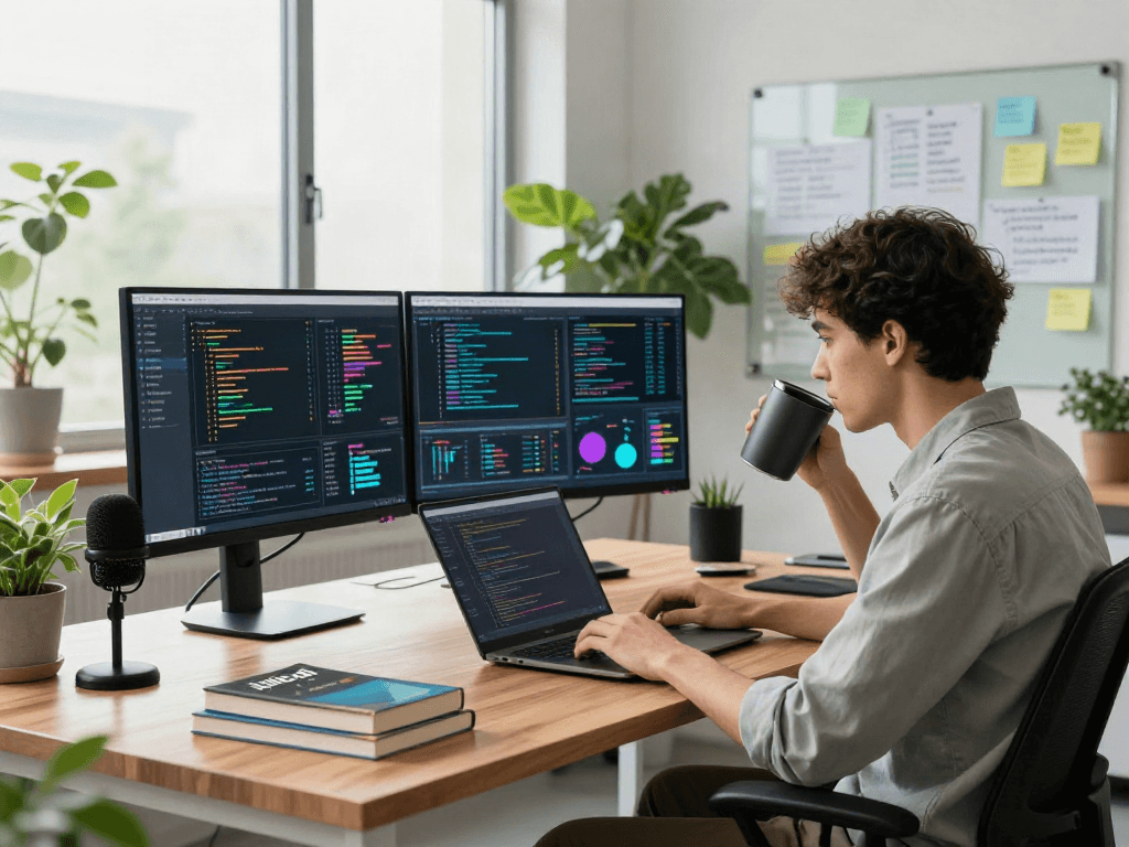 Dynamic AI workspace showcasing juicy ai analysis with vibrant visuals, data scientist coding in a modern office.