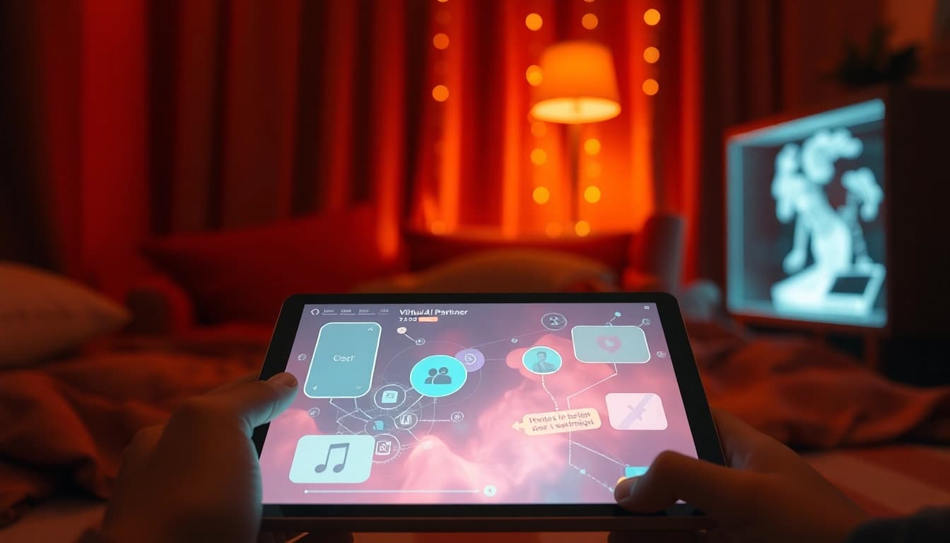 AI sex interaction with a digital partner in a cozy setting.