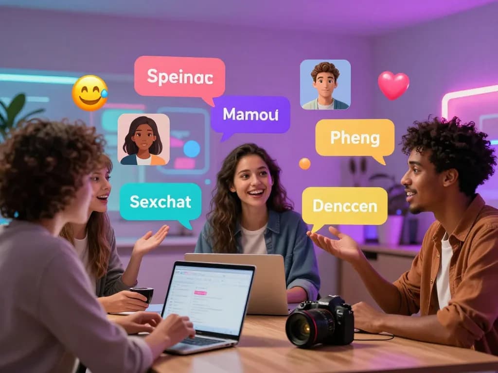Engaging virtual chat space showcasing diverse interactions using sex chat ai technology, with avatars and colorful text bubbles.