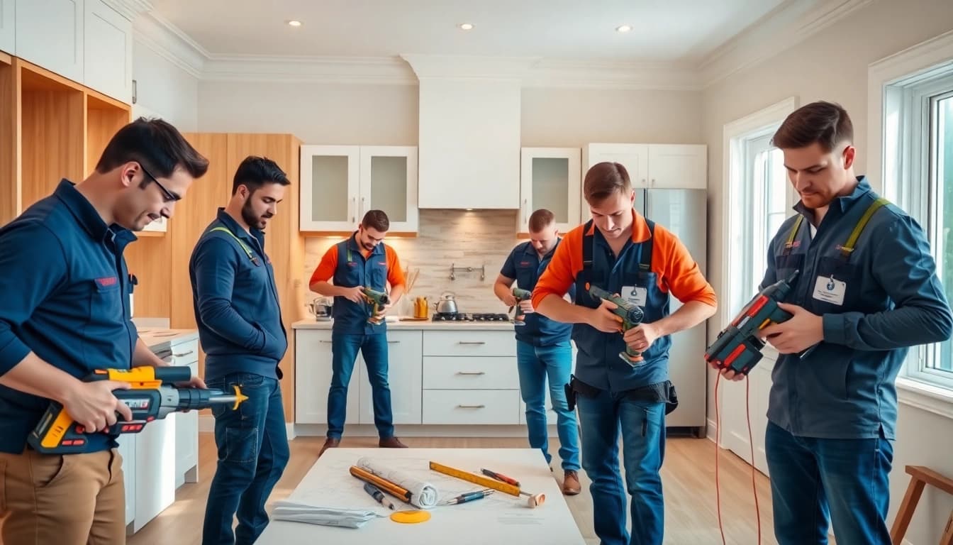 Renovators near me working in a stylish kitchen renovation, showcasing their skills.