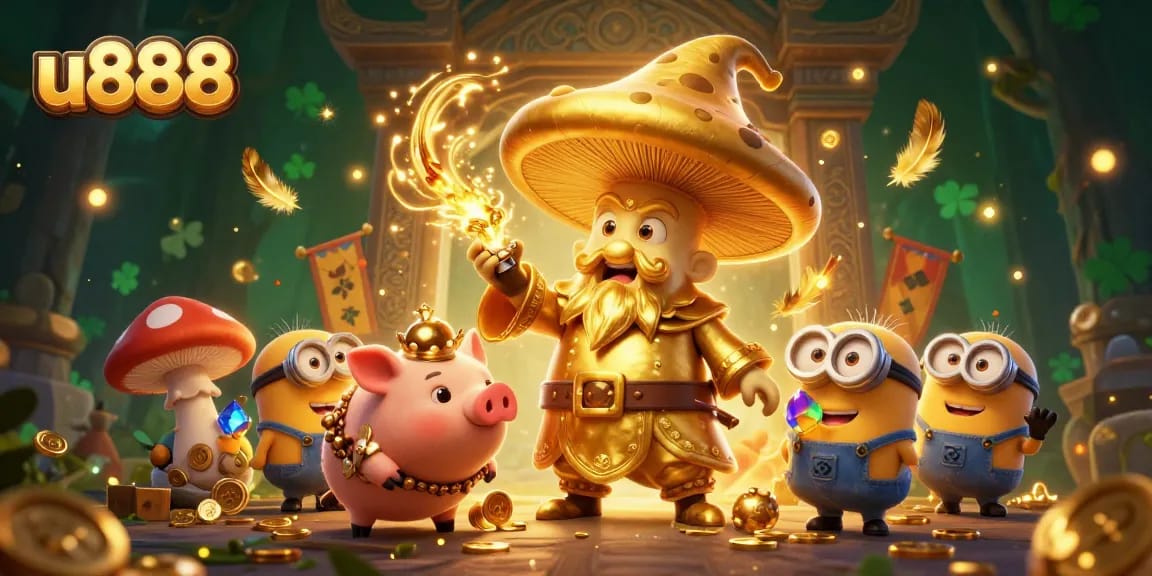 Experience the thrilling magic of u888 with golden wizards and treasure in an action-packed casino scene.