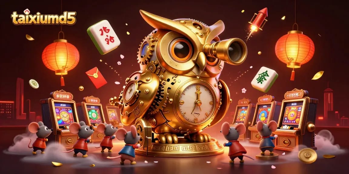 Experience the thrill of taixiumd5 with a golden owl overseeing vibrant casino action and vibrant game elements.