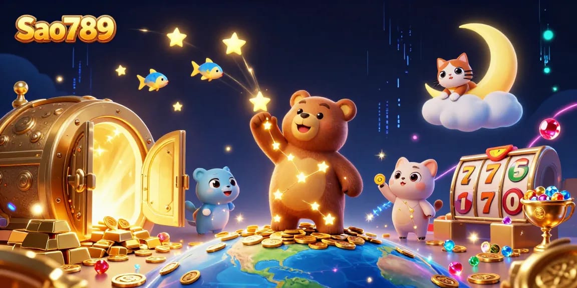 Scooping winning coins with Sao789's vibrant 3D galaxy characters amidst treasure and casino elements