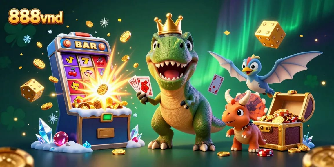 Experience thrilling gaming with 888vnd as a T-Rex shuffles cards surrounded by jackpots and glittering treasures.