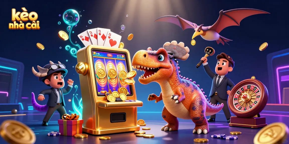 Engaging scene with kèo nhà cái illustrated as characters interact with vibrant casino elements.