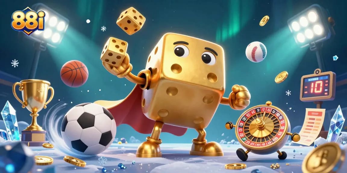 Engage with the dynamic 88i gaming world featuring a whimsical dice golem and vibrant sports elements.