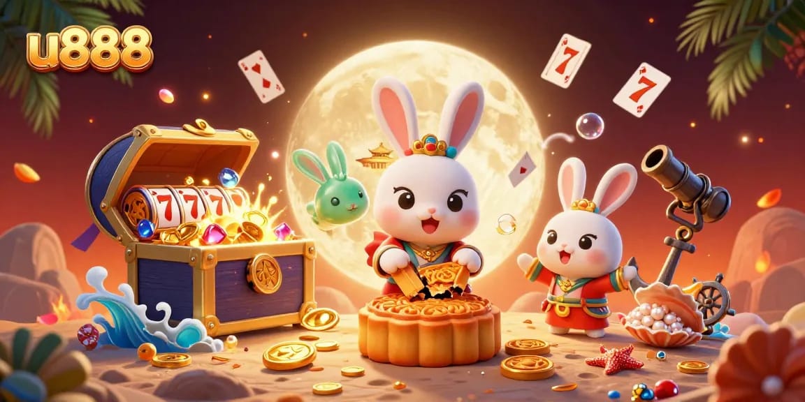 Experience thrilling wins at u888 slots with a 3D cartoon moon rabbit and rich casino elements.
