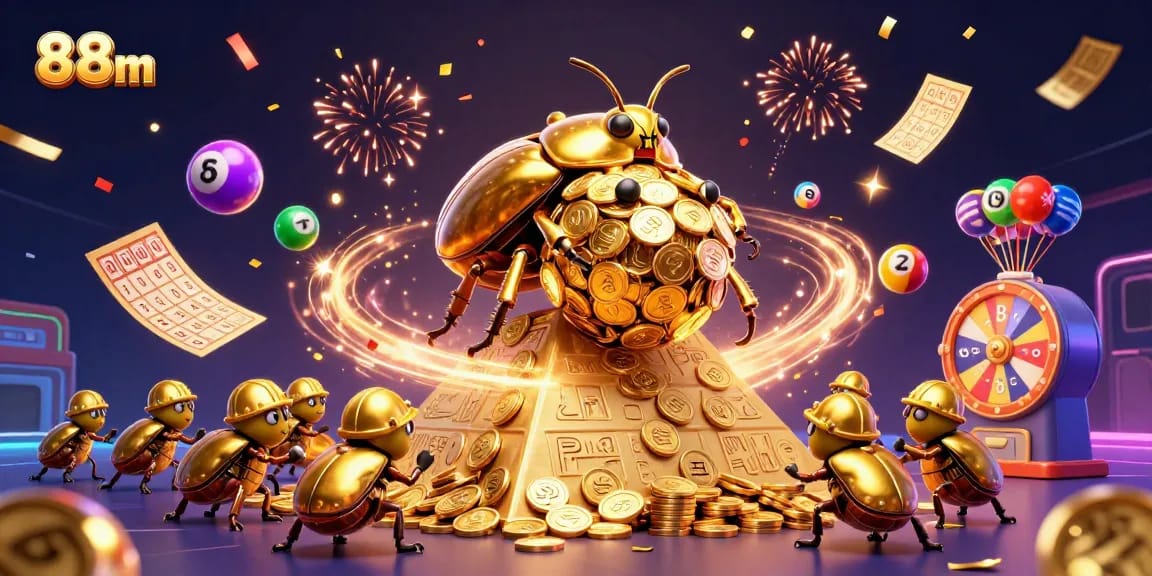 Engage with the vibrant 88m scene showcasing a golden dung beetle in a dynamic casino environment filled with coins and lottery elements.