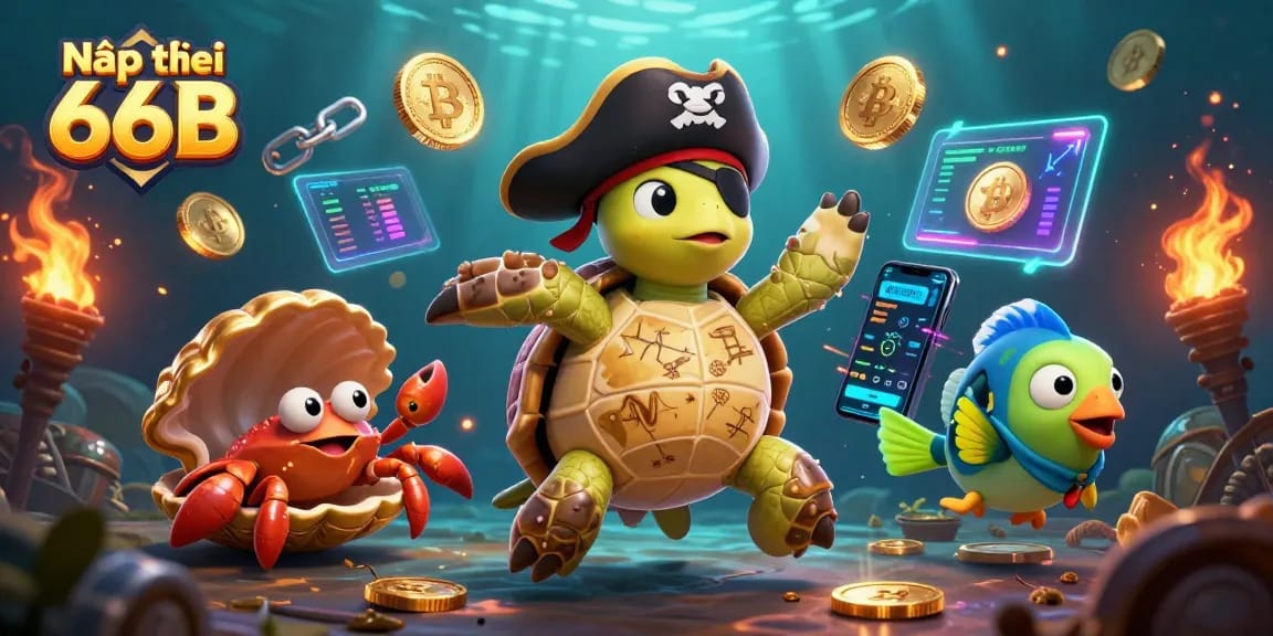 Nạp tiền 66B showcases a vibrant underwater scene with a pirate turtle, crab, and parrotfish amidst floating cryptocurrencies and treasures.