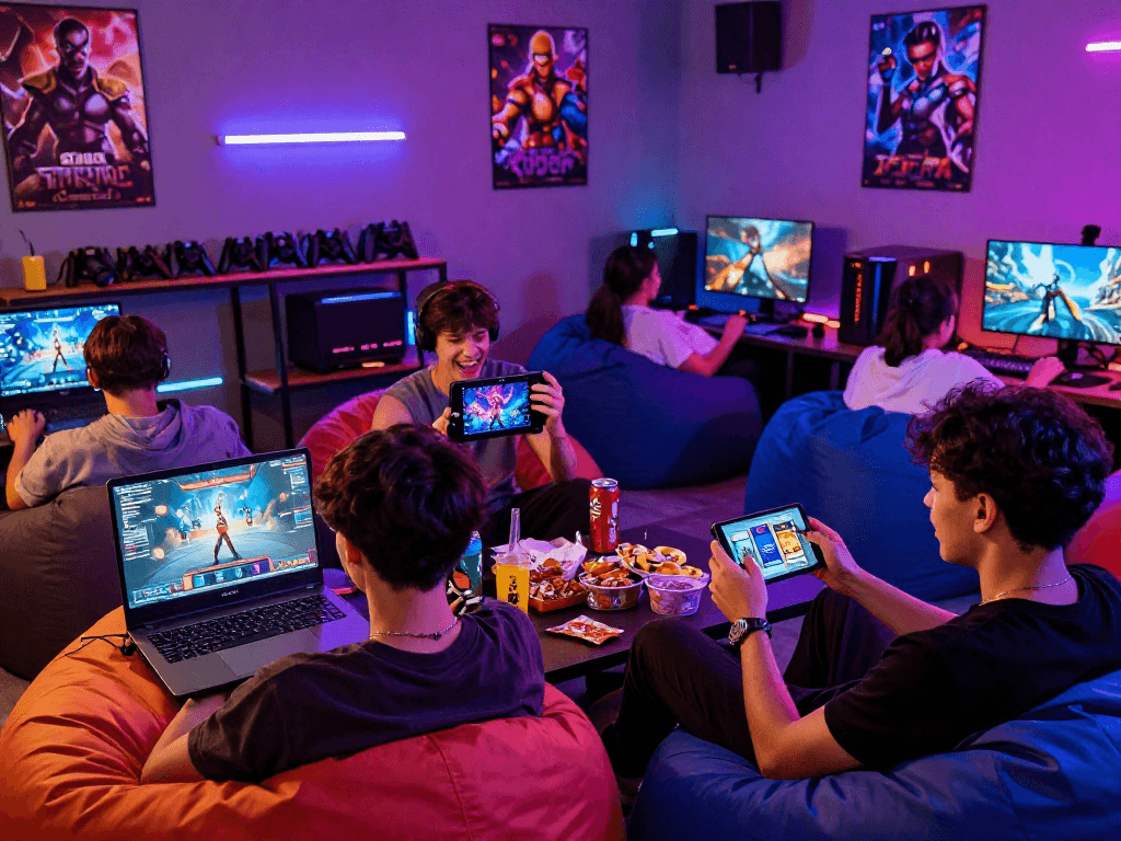 Engaged players enjoying popular porn games in a vibrant gaming lounge.