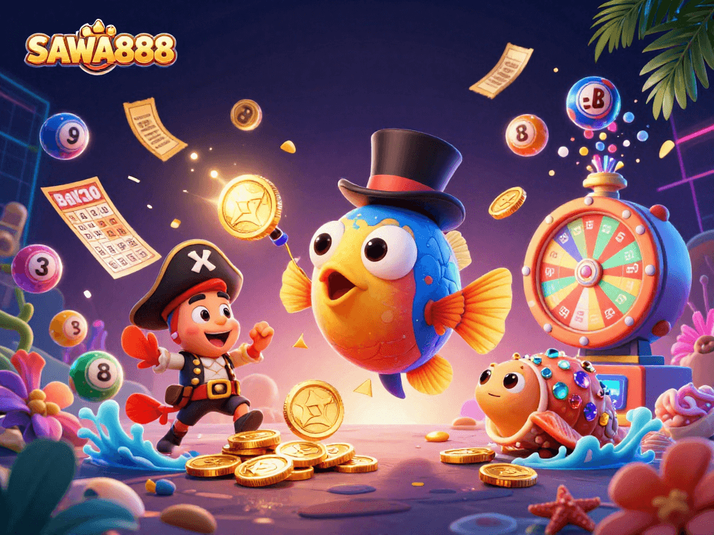 Experience exciting gameplay with SAWA888 as a deep-sea anglerfish attracts coins in this vibrant casino scene.