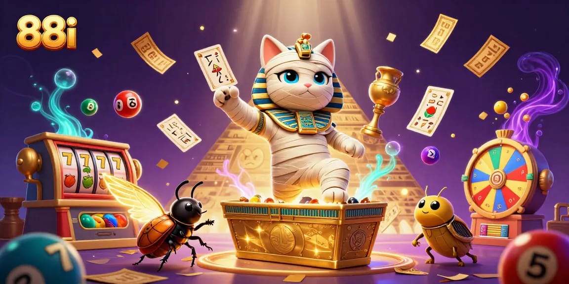 Engage with 88i's vibrant casino scene featuring a mummy cat, scarab beetle, and dynamic slot elements.