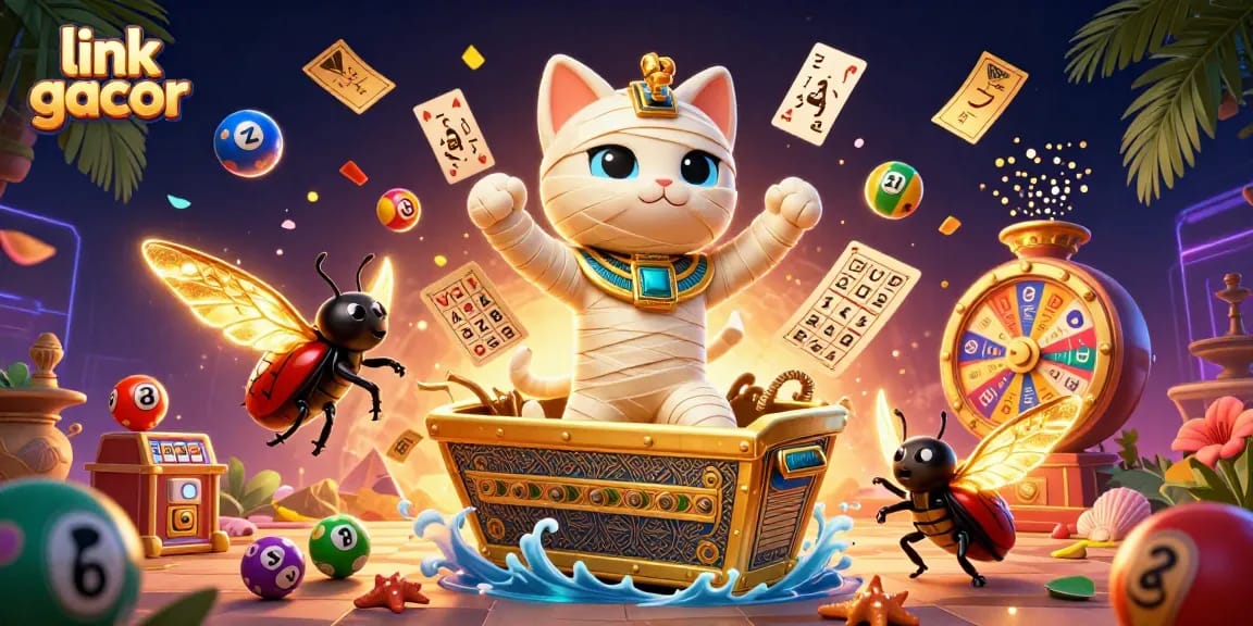 Spin to win with the link gacor - 3D illustration featuring an Egyptian mummy cat and casino elements