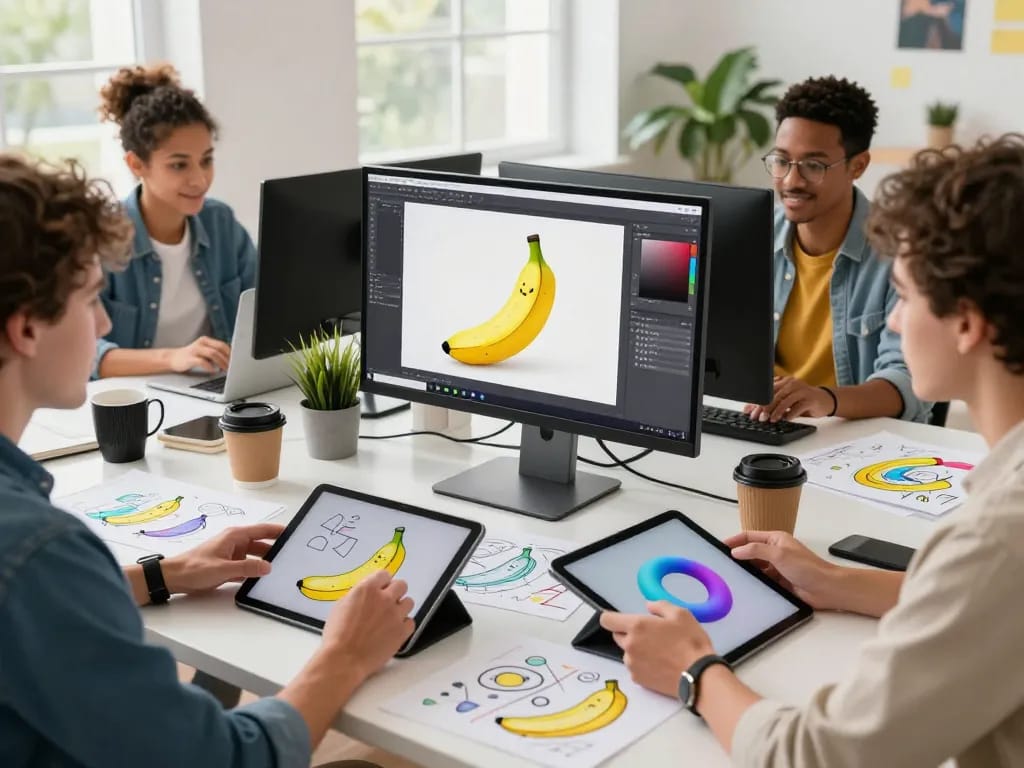 Collaborative workspace showcasing designers using nano banana ai for innovative image editing.