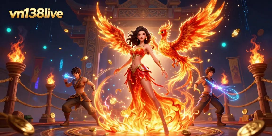 Experience the thrill of vn138live casino with a dramatic fiery scene featuring a powerful Asian woman and phoenix.