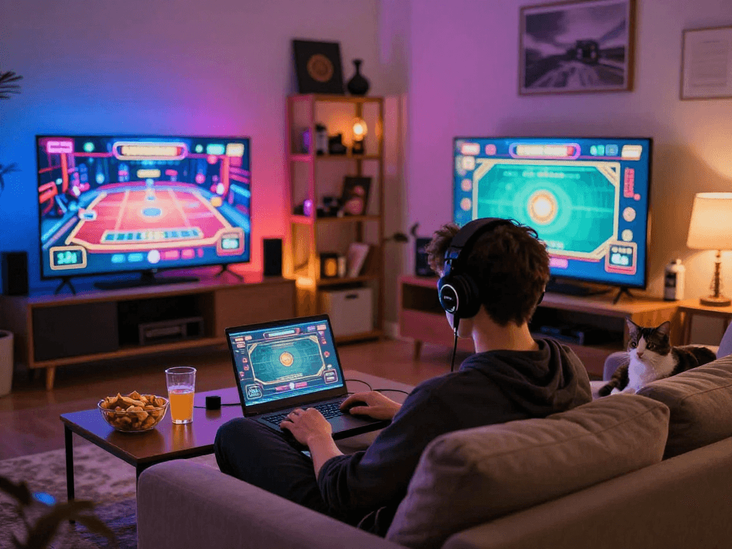 Engaging home gaming scene showcasing USA online casinos with player focused on live dealer game.