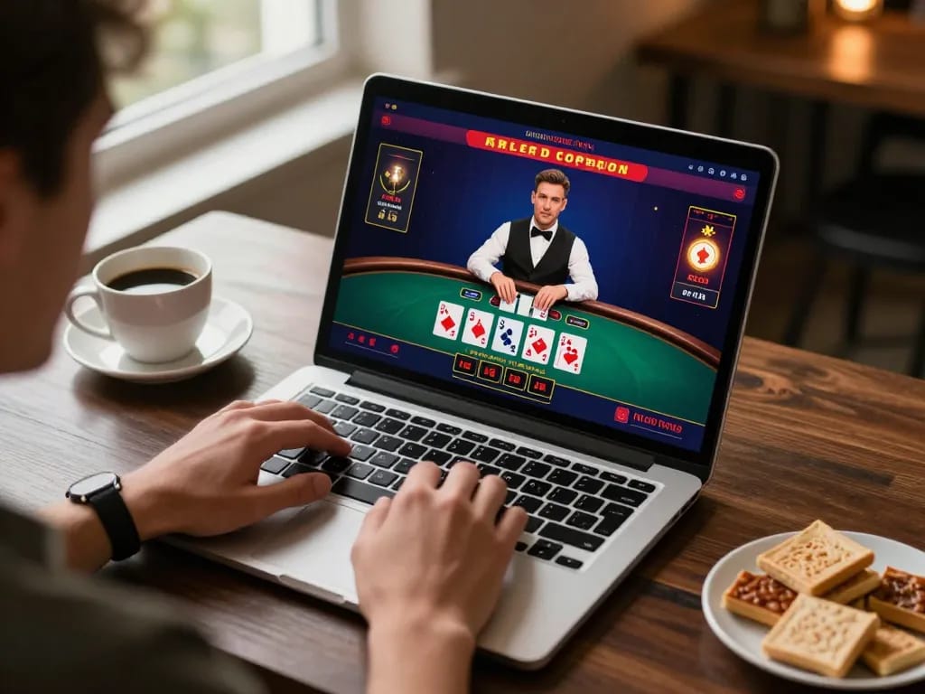 Engage with online blackjack at 566 while enjoying a cozy home setup and strategic gameplay.
