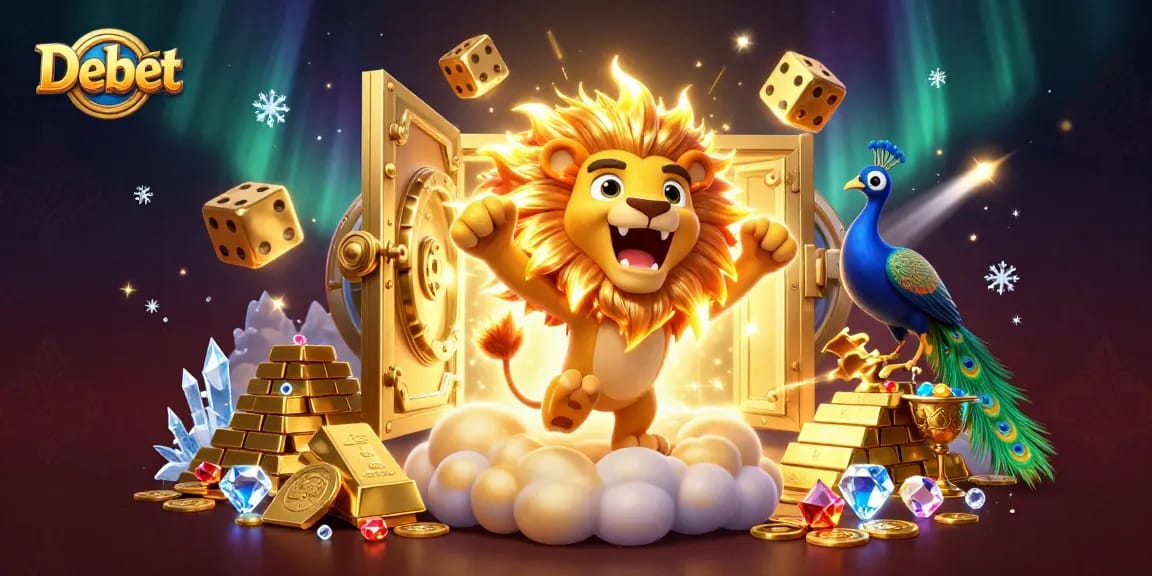 Experience thrilling games and winnings with Debet in a vibrant casino scene filled with golden treasures.