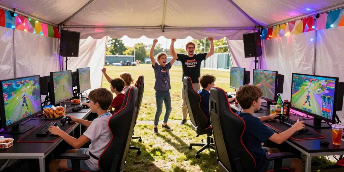 Exciting gaming party in London with children competing in tournaments, vibrant atmosphere and gaming setups.
