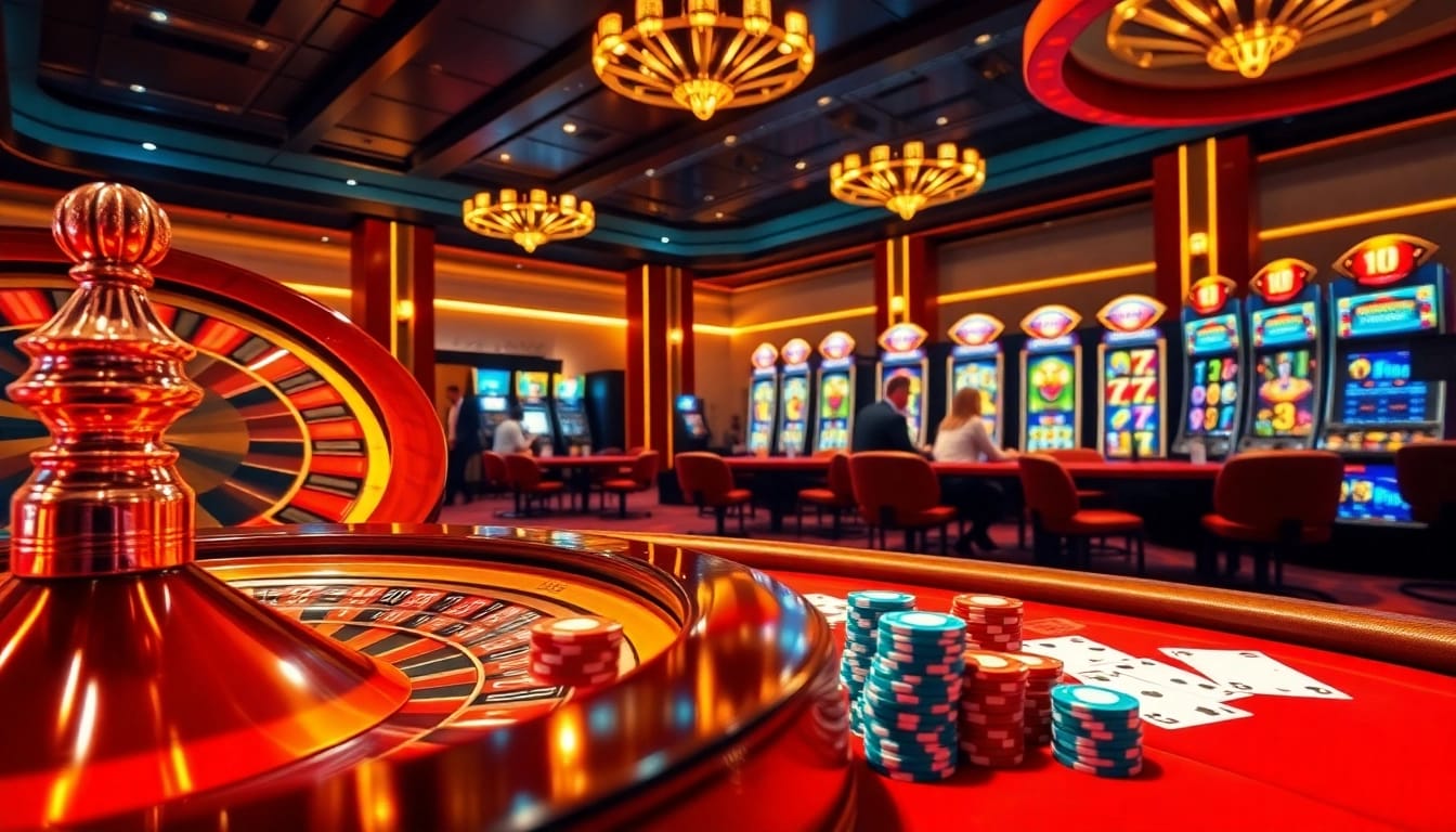 Engaging casino scene at 69vn.gb.net showcasing roulette, poker tables, and vibrant slot machines.