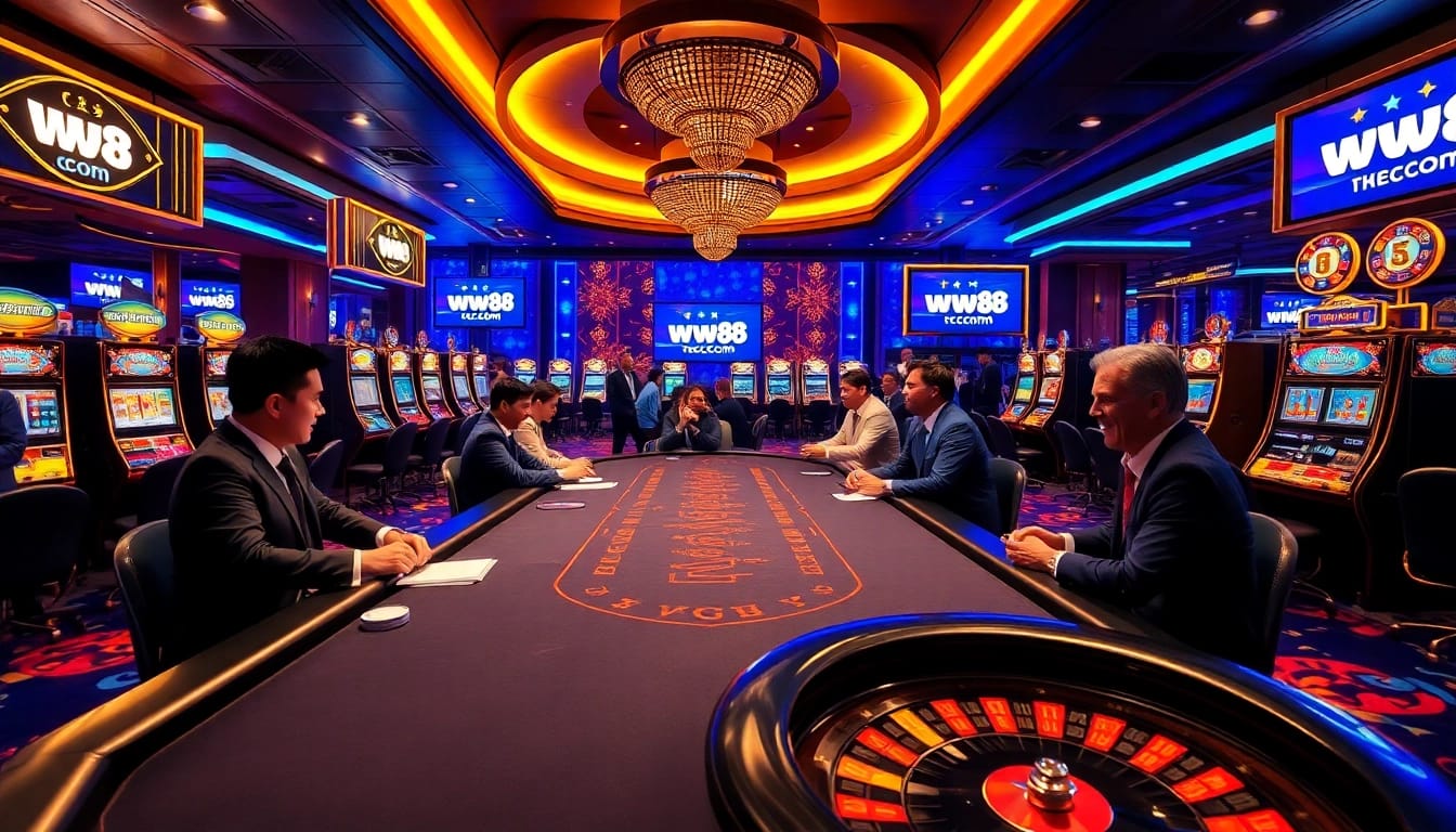 Experience thrilling gameplay at ww88 com with vibrant slot machines and poker tables in a luxurious casino setting.