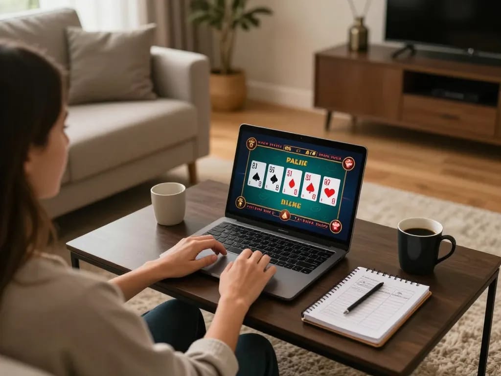 Player enjoying online gaming at home with dv88 platform, displaying a poker game on laptop.