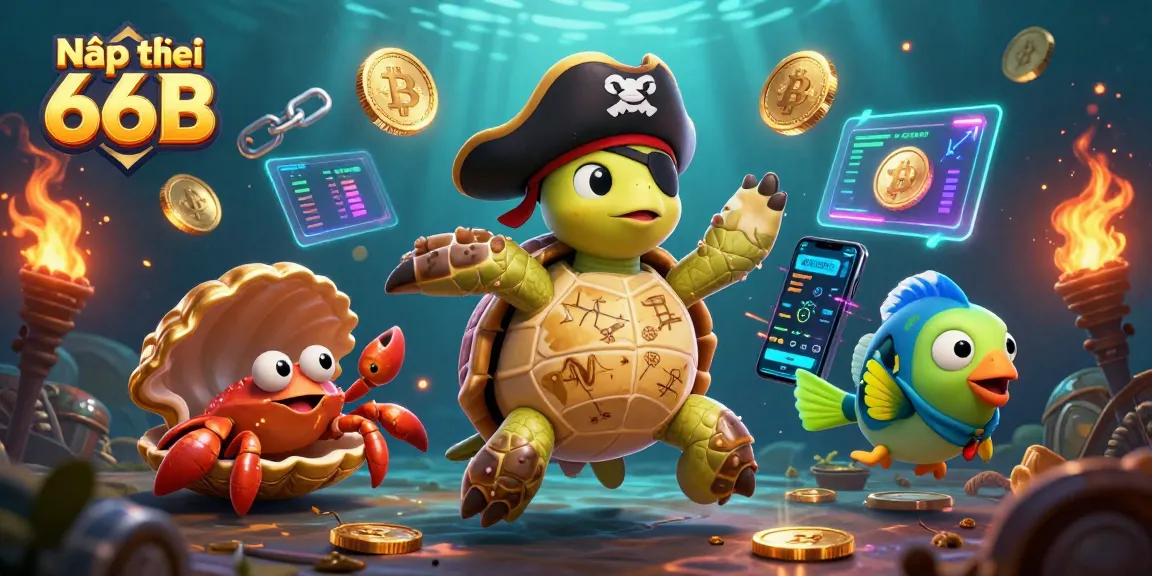 Nạp tiền 66B showcases a vibrant underwater scene with a pirate turtle, crab, and parrotfish amidst floating cryptocurrencies and treasures.