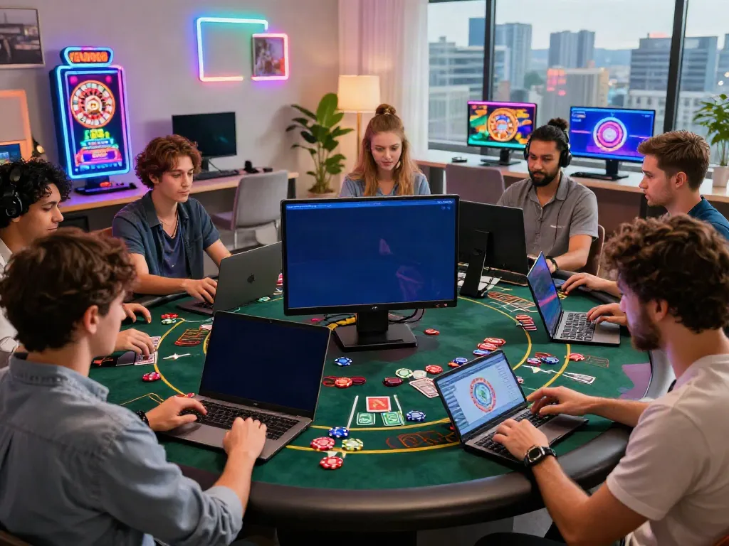 Engaging scene of players at new non gamstop casinos, enjoying a vibrant online gaming experience.