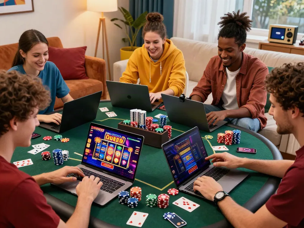 Friends enjoying gaming experience at new non gamstop casinos in a vibrant living room.