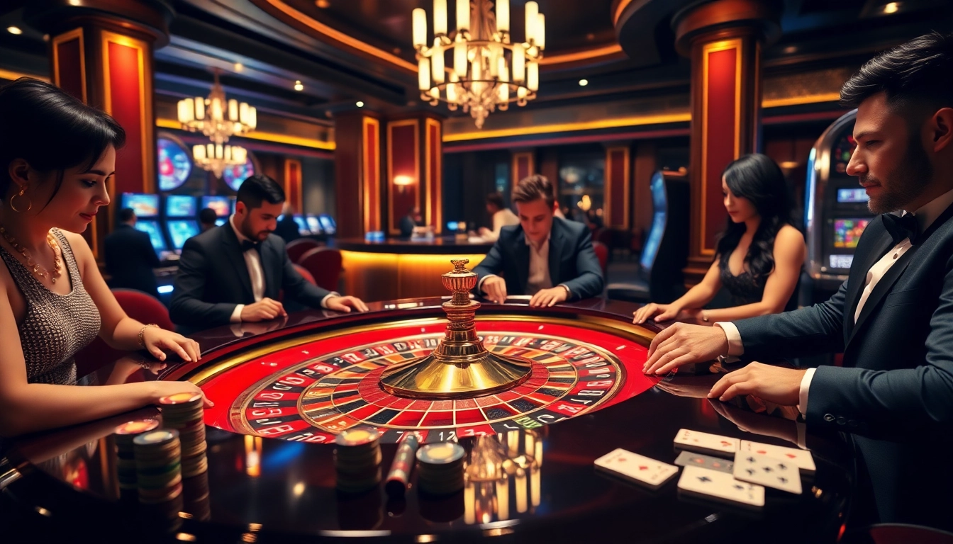 Experience the thrill of gambling at https://11bet.fashion/ with players enjoying high-stakes roulette at a luxurious casino.