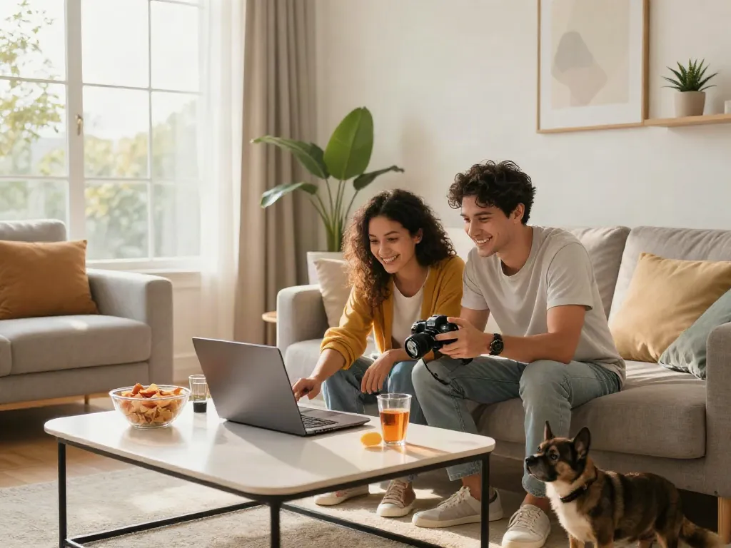 Couple enjoying gaming at home, exploring new non gamstop casinos in a sunny living room.