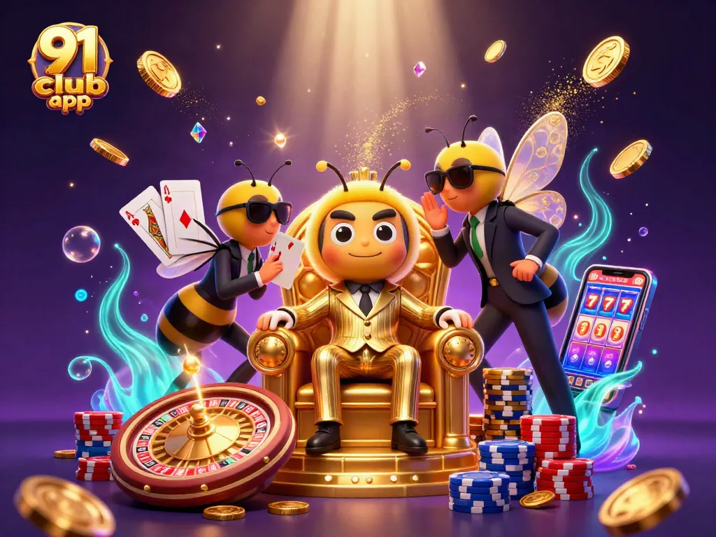 Experience the excitement of the 91 club app with vibrant casino elements and a lively character scene.