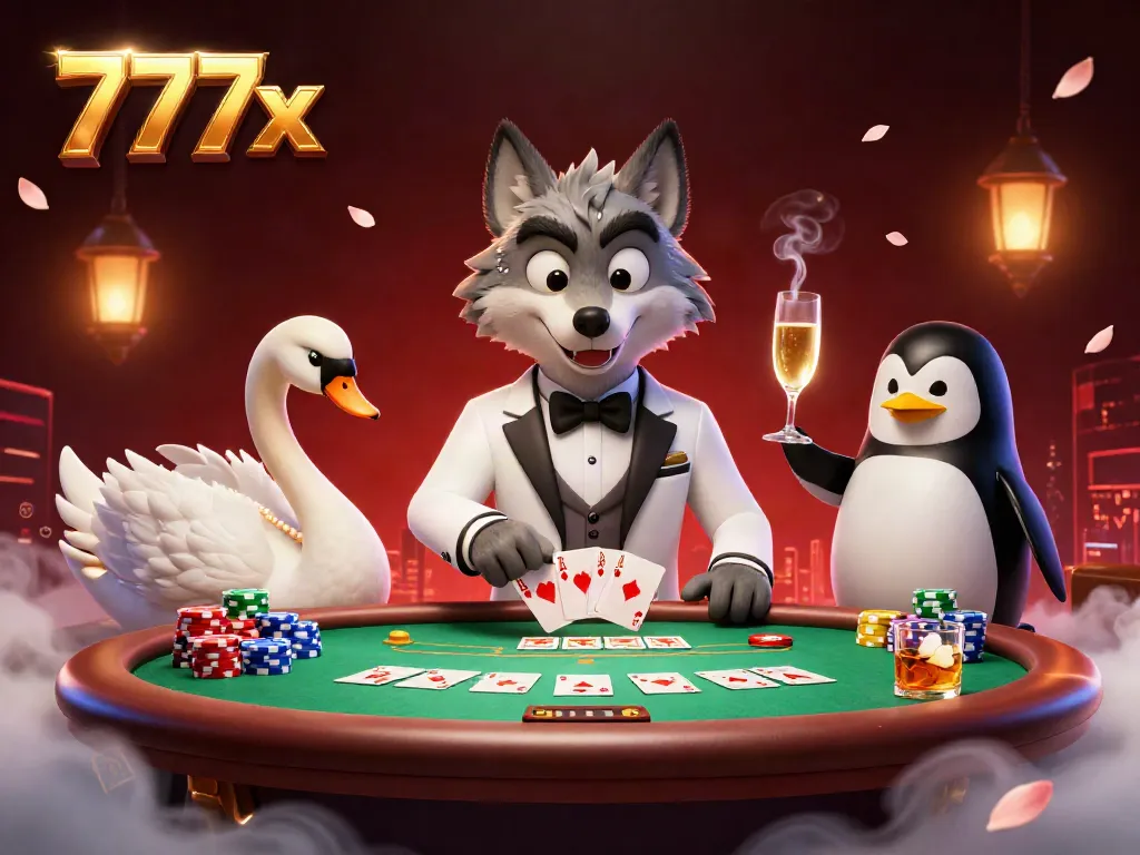Experience thrilling gameplay with 777x in a vibrant casino scene showcasing a debonair wolf, elegant swan, and penguin presenting champagne.