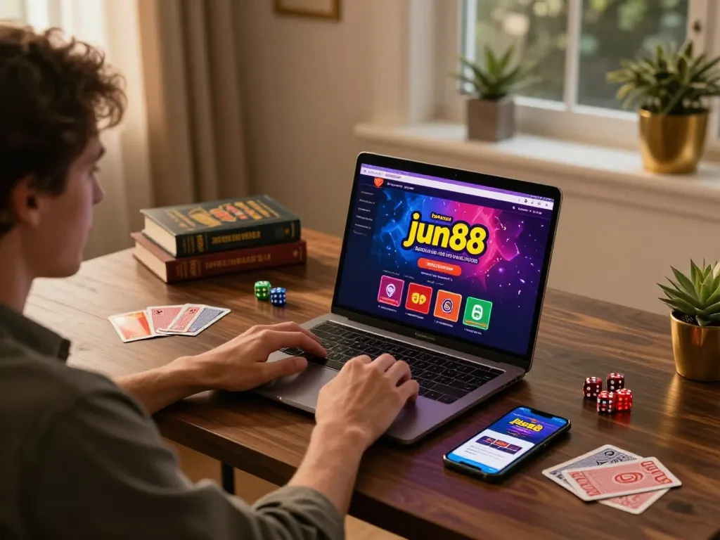 Player engaging with jun88 online casino on laptop and smartphone in a cozy gaming setup.