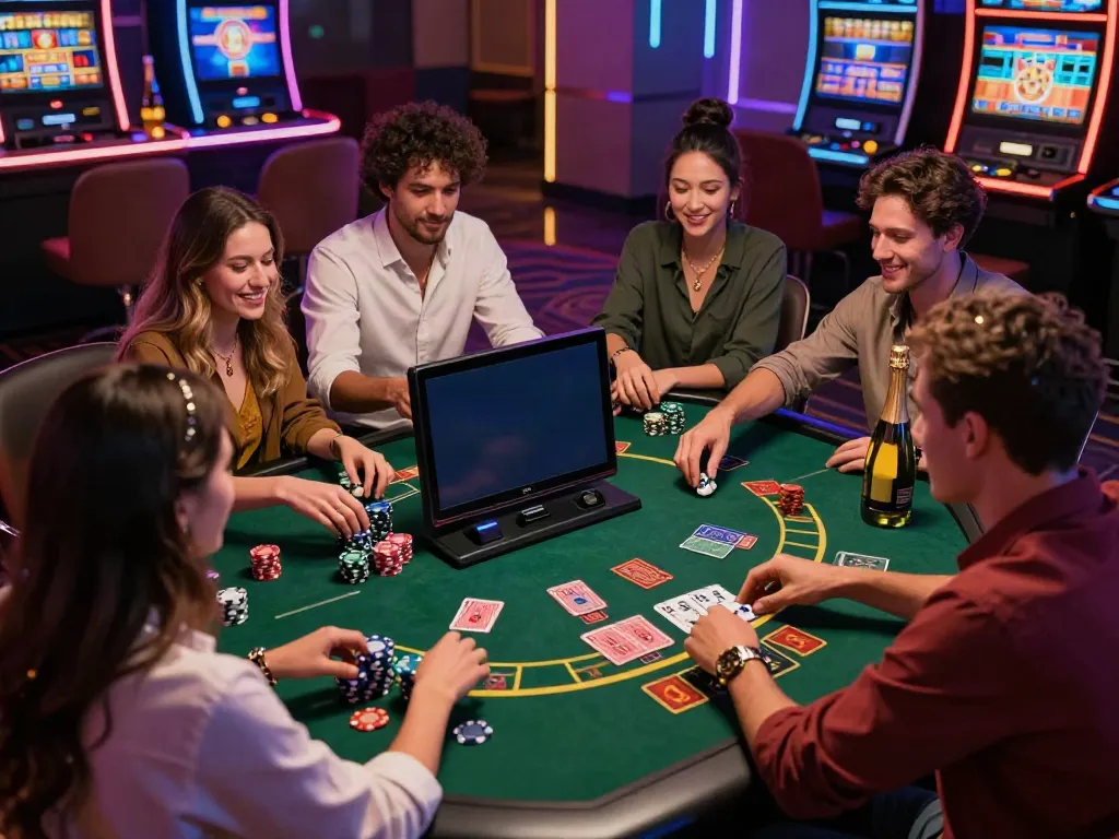 Exciting scene of new non gamstop casinos with friends enjoying games and celebrations.