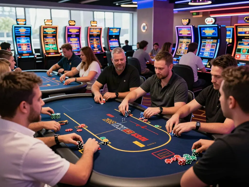 Engaged players enjoying blackjack in new non GamStop casinos, vibrant atmosphere with neon lights.