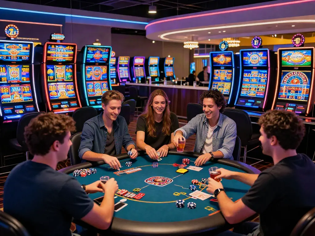 Engaging scene of players enjoying new non GamStop casinos with vibrant games, lively atmosphere, and neon lighting.