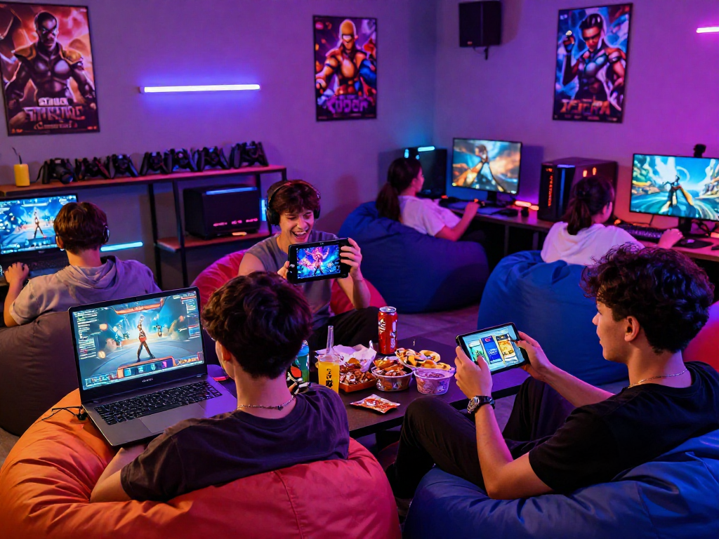 Engaged players enjoying popular porn games in a vibrant gaming lounge.