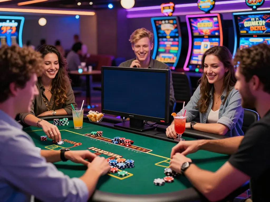 Group enjoying new non gamstop casinos at a vibrant gaming table with colorful chips and lively atmosphere.