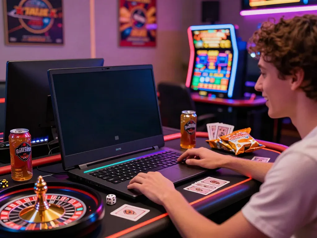 Engaging scene of a player immersed in new non gamstop casinos gaming environment, bright LED lights, gaming gear on desk.