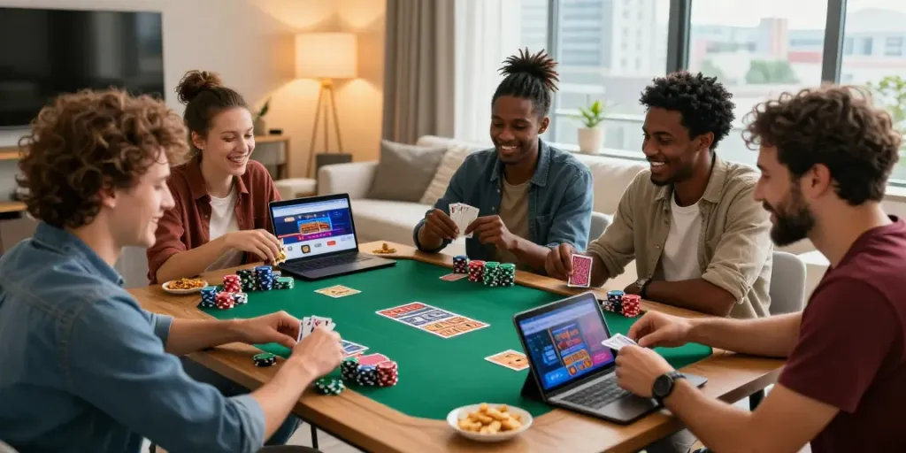 Friends enjoying a lively gaming session with new non gamstop casinos in a modern living room.