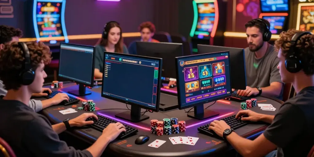 Exciting gaming scene showcasing friends enjoying new non gamstop casinos in a vibrant and modern setting.