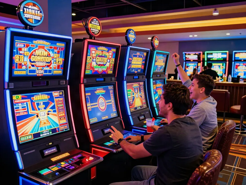 Players enjoying new non Gamstop casinos in a vibrant casino setting with colorful slot machines.