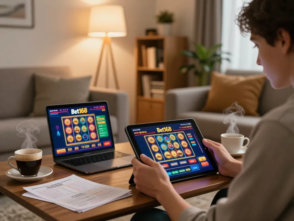 Engaging in online betting with Bet168 on a tablet, showcasing vibrant casino games in a cozy living room.