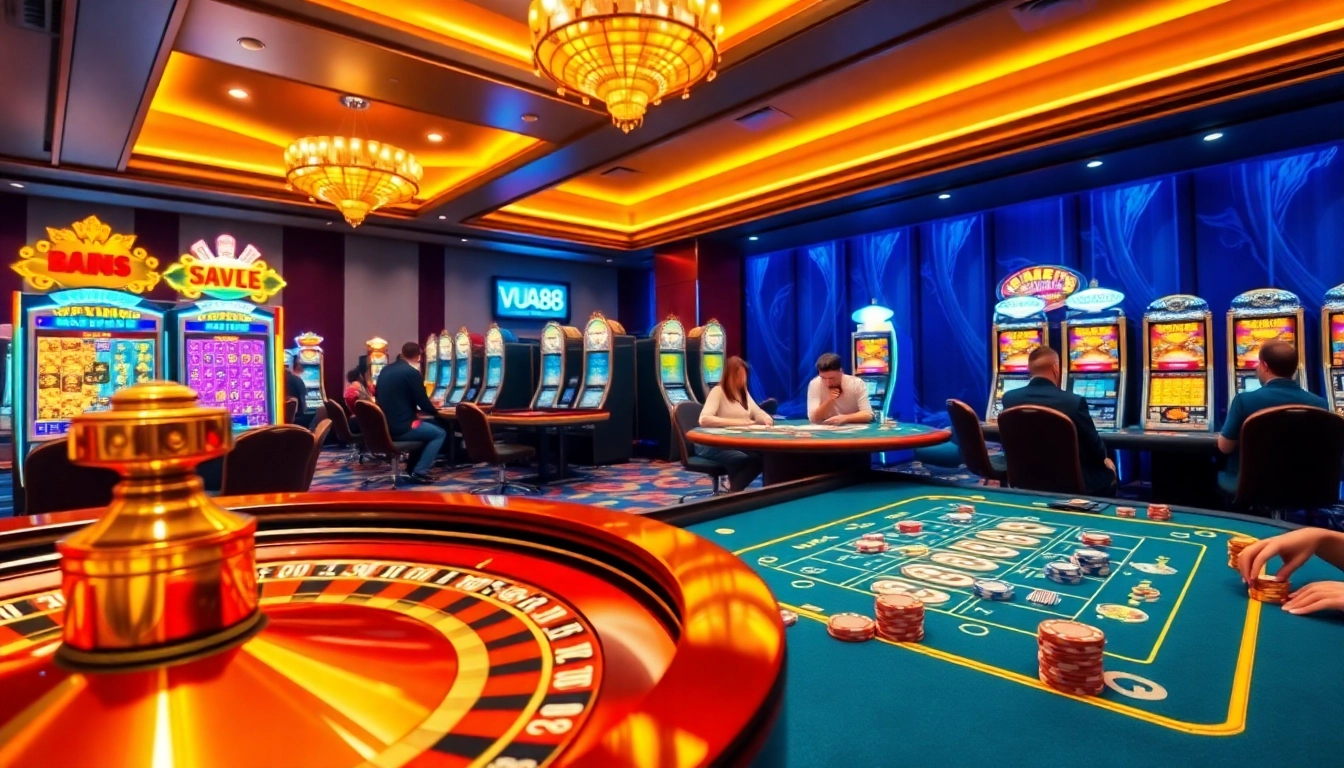 Experience the thrill of VUA88 gaming at a luxurious casino with engaging poker and roulette tables.
