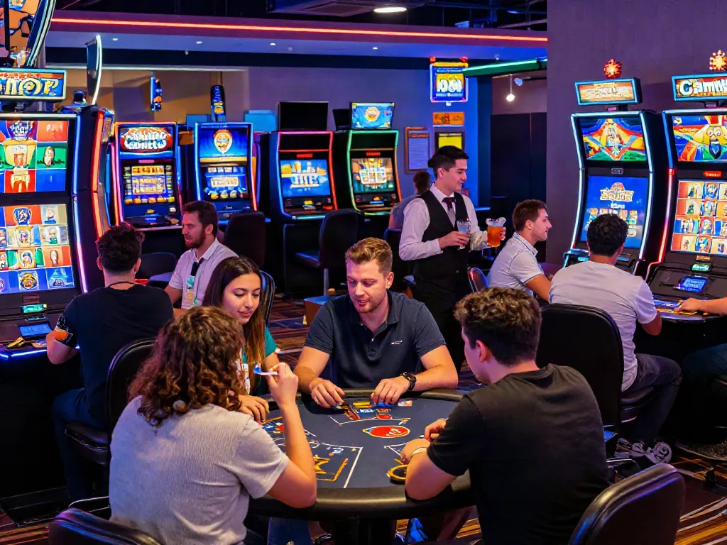 Players enjoying games at new non GamStop casinos, vibrant casino atmosphere with neon lights.