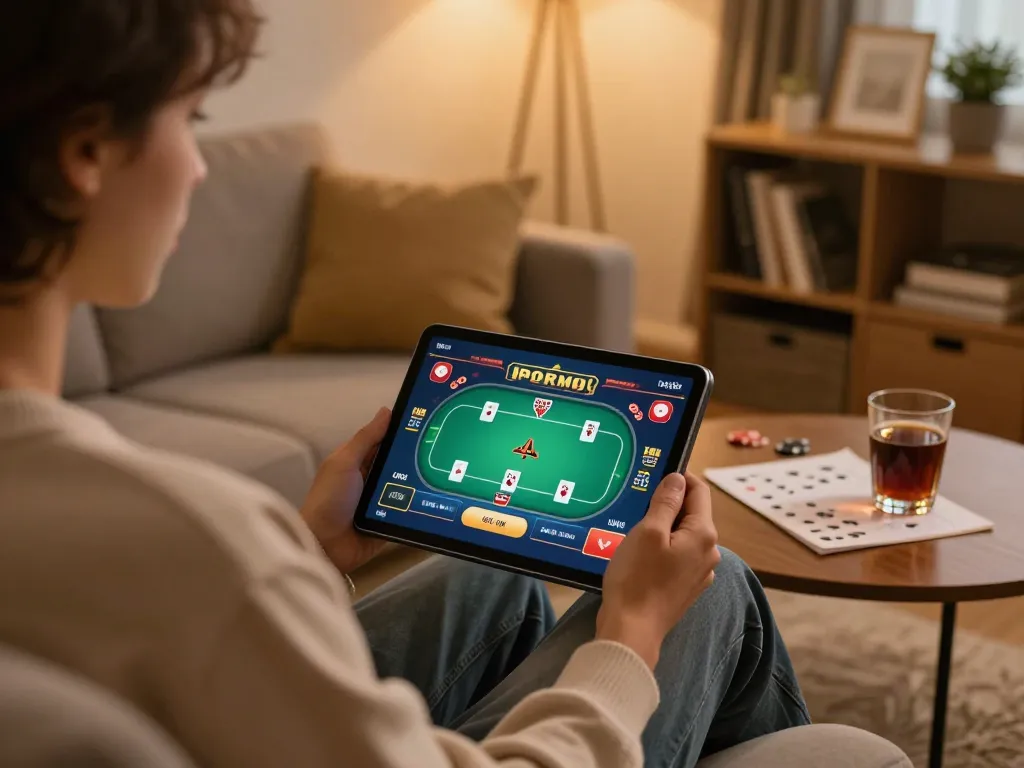 Engaging in online poker at nhà cái 99ok with a vibrant game interface in a cozy home setting.