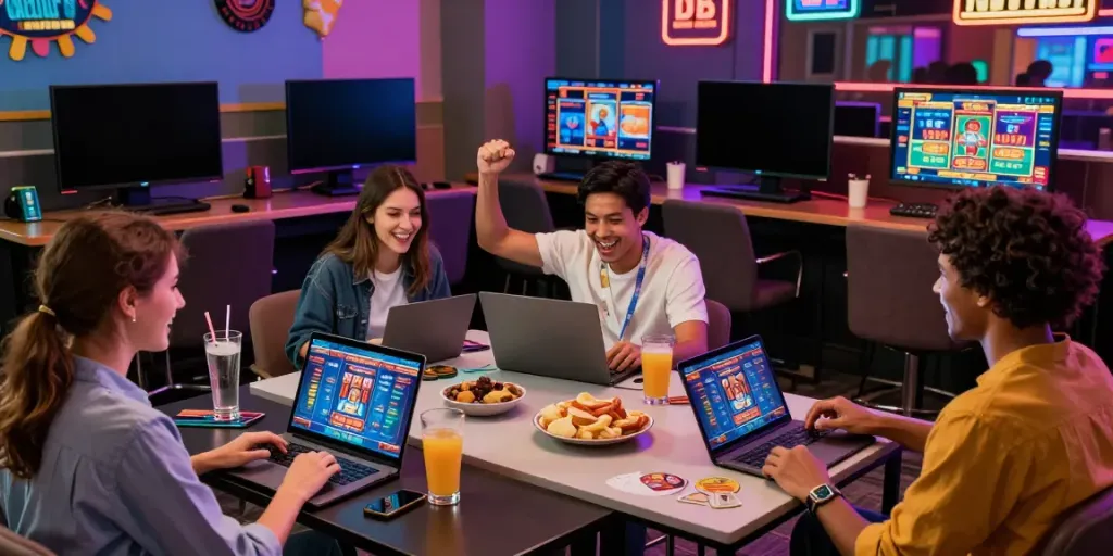 Excited group of friends exploring new non gamstop casinos while gaming online together at home.