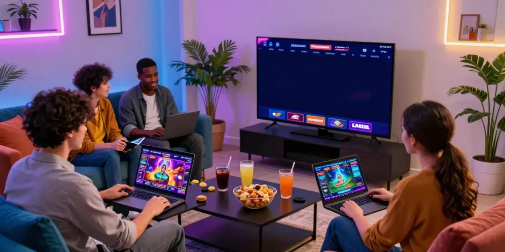 Diverse friends enjoying gaming at new non Gamstop casinos with laptops and snacks.