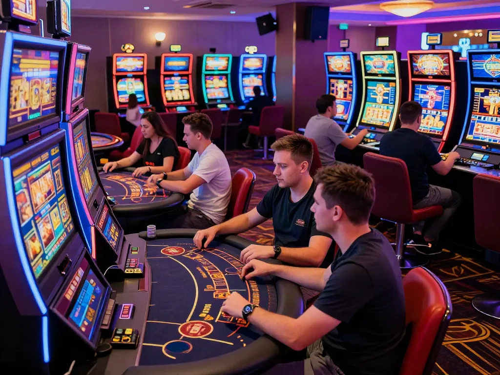 Players enjoying games at new non gamstop casinos in a vibrant atmosphere, illuminated by colorful lights